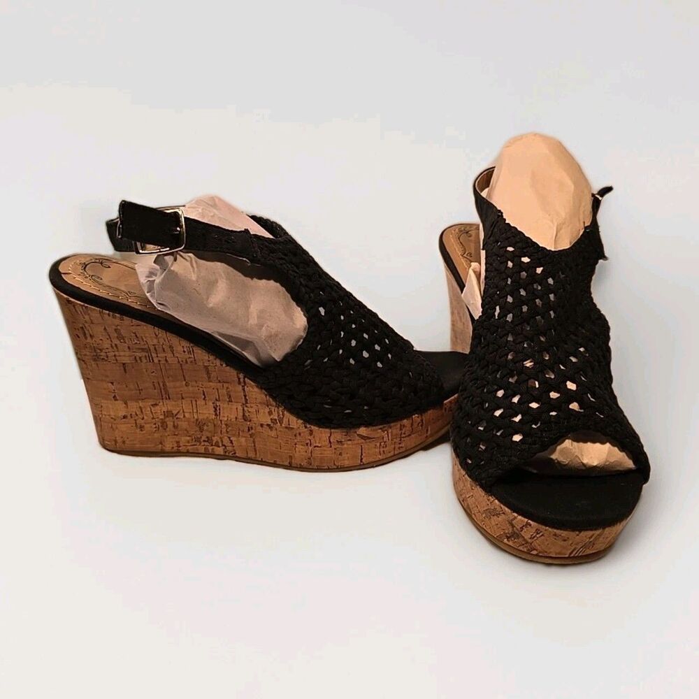 Jelly Pop Cork Sandal Wedge Womens Size US 7.5 Black Crotchet Open Toe Sandal 4"